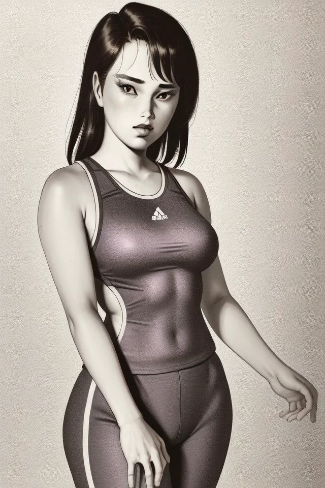 solo, 1girl, looking to the side, purple activewear, sepia background <lora:Tsunoda_style_v01:1>