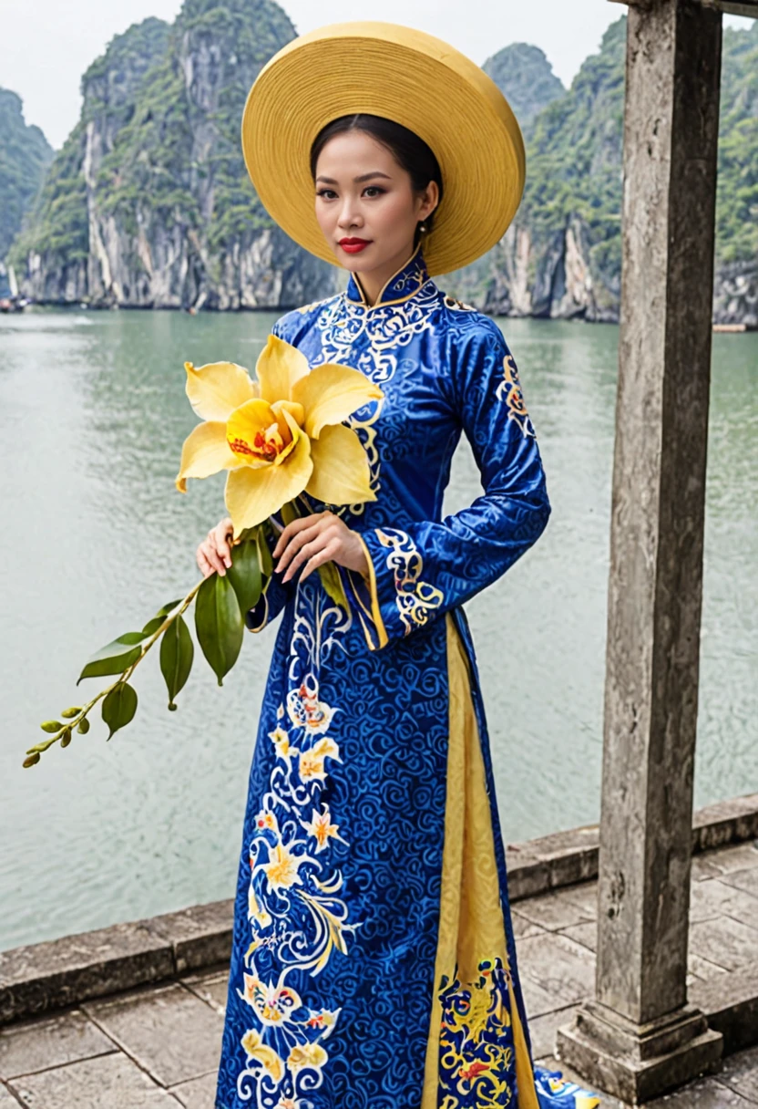 <lora:Vietnamese_disk_hat_XL:1>d1sk_h4t, a beautiful shapely woman in a blue ao dai dress, yellow hat, holding a giant orchid flower,  sitting on a balcony in ha long bay