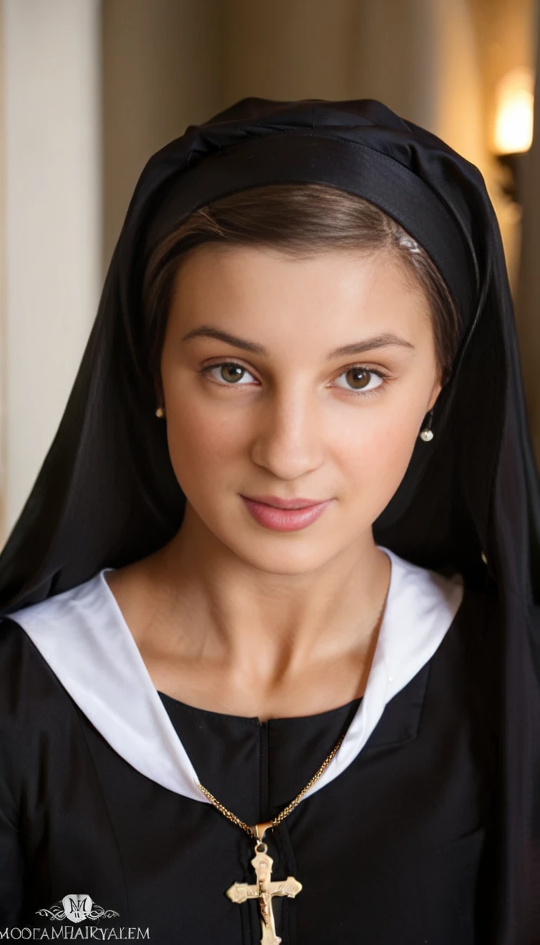 cinematic film still melenamariarya as a nun <lora:melenamariarya:1.0> . shallow depth of field, vignette, highly detailed, high budget, bokeh, cinemascope, moody, epic, gorgeous, film grain, grainy