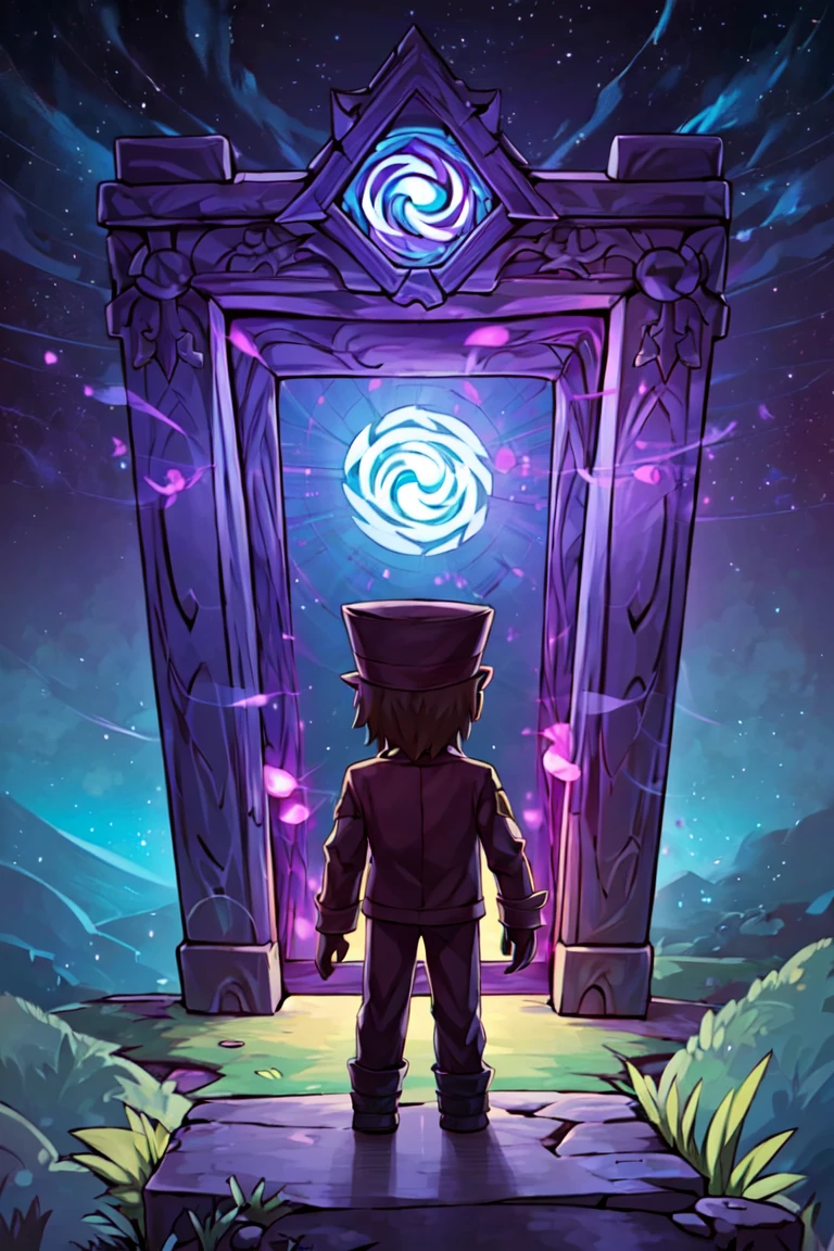 ((masterpiece,best quality)), anime style,  <lora:Nether_Portal:0.8>, portal, stargate, gateway, purple glow,  Nether Portal, 1boy, hat, standing, male focus, sky, pants, from behind, coat, star (sky)