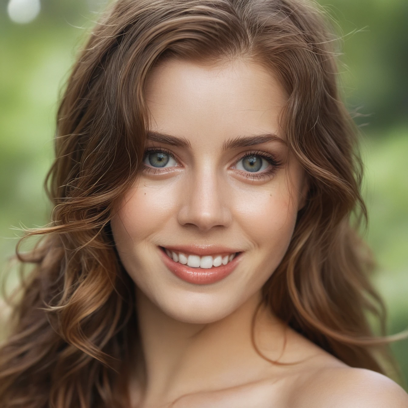 Skin texture, no makeup, Super high res closeup portrait photo of a stunning woman outdoors with wavy long hair,f /2.8, Canon, 85mm,cinematic, high quality,looking at the viewer, glossy lips, <lora:amadams_xl_1_standard_merger_35_63_03_07:1>, smiling