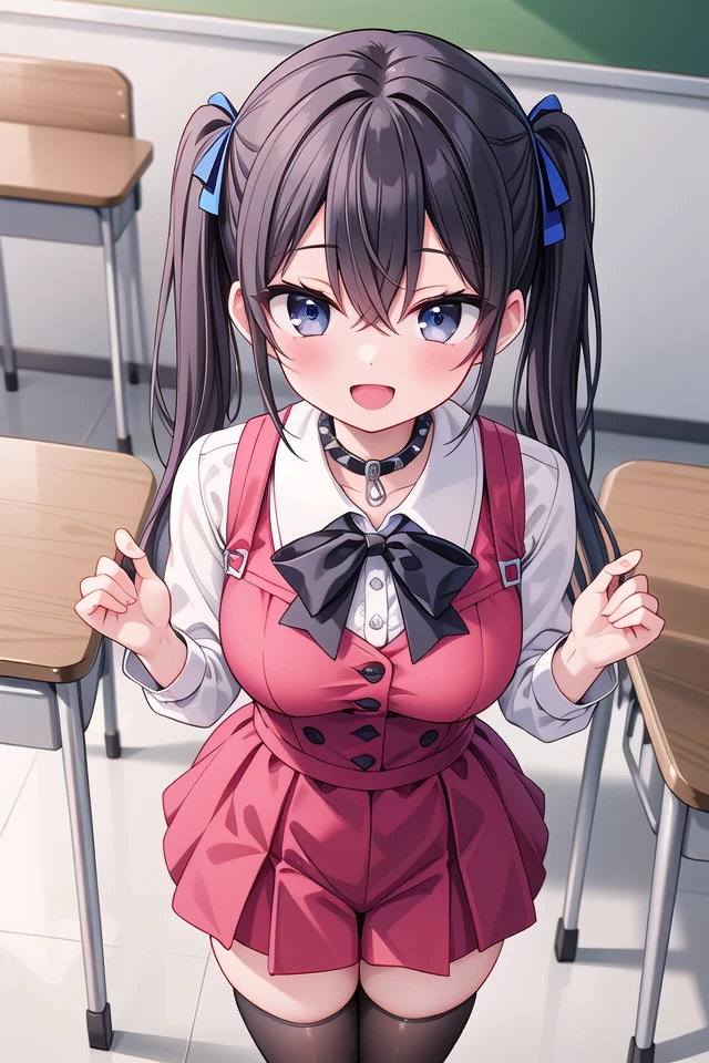 insanely detailed, absurdres, ultra-highres, ultra-detailed, best quality,
1girl, solo, nice hands, perfect hands
BREAK
jirai kei,thighhighs, skirt, twintails, pink skirt, collar, bow, black thighhighs, black bow, long hair, pink bow, hair bow, spiked collar
, (nsfw:-1.5)
BREAK
happy smile, laugh, open mouth
BREAK
from above,
standing, cowboy shot, looking at viewer
BREAK
slender, kawaii, perfect symmetrical face, ultra cute girl, ultra cute face, ultra detailed eyes, ultra detailed hair, ultra cute, ultra beautiful
BREAK
in classroom, school desk, school chair, chalkboard, depth of field, ultra detailed background
BREAK
medium large breasts
BREAK
black hair, black eyes, messy hair, hair between eyes