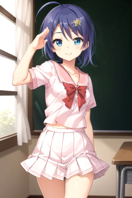 ((masterpiece)),(best quality),official art,extremely detailed CG,unity 8k wallpaper,ultra detailed,beautiful detailed eyes,extremely detailed face,classroom,1girl,solo,cowboy shot,looking at viewer,facing viewer,smile,salute,Tokusa Honoka,ahoge,short hair,blue hair,star (symbol),hair ornament,hairclip,bangs,blue eyes,pink serafuku,pink sailor collar,red bowtie,short sleeves,medium breasts,miniskirt,pink skirt,pleated skirt,bare legs,sneakers,<lora:Tokusa Honoka(trlu):0.6>,