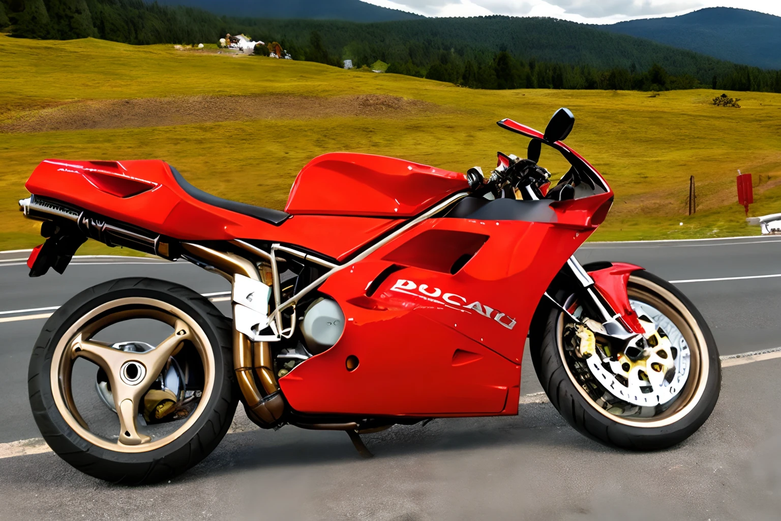 Photo of a red ducati916 parked on a curvy road in the mountains <lora:Ducati_916_by_IMAK:.8>