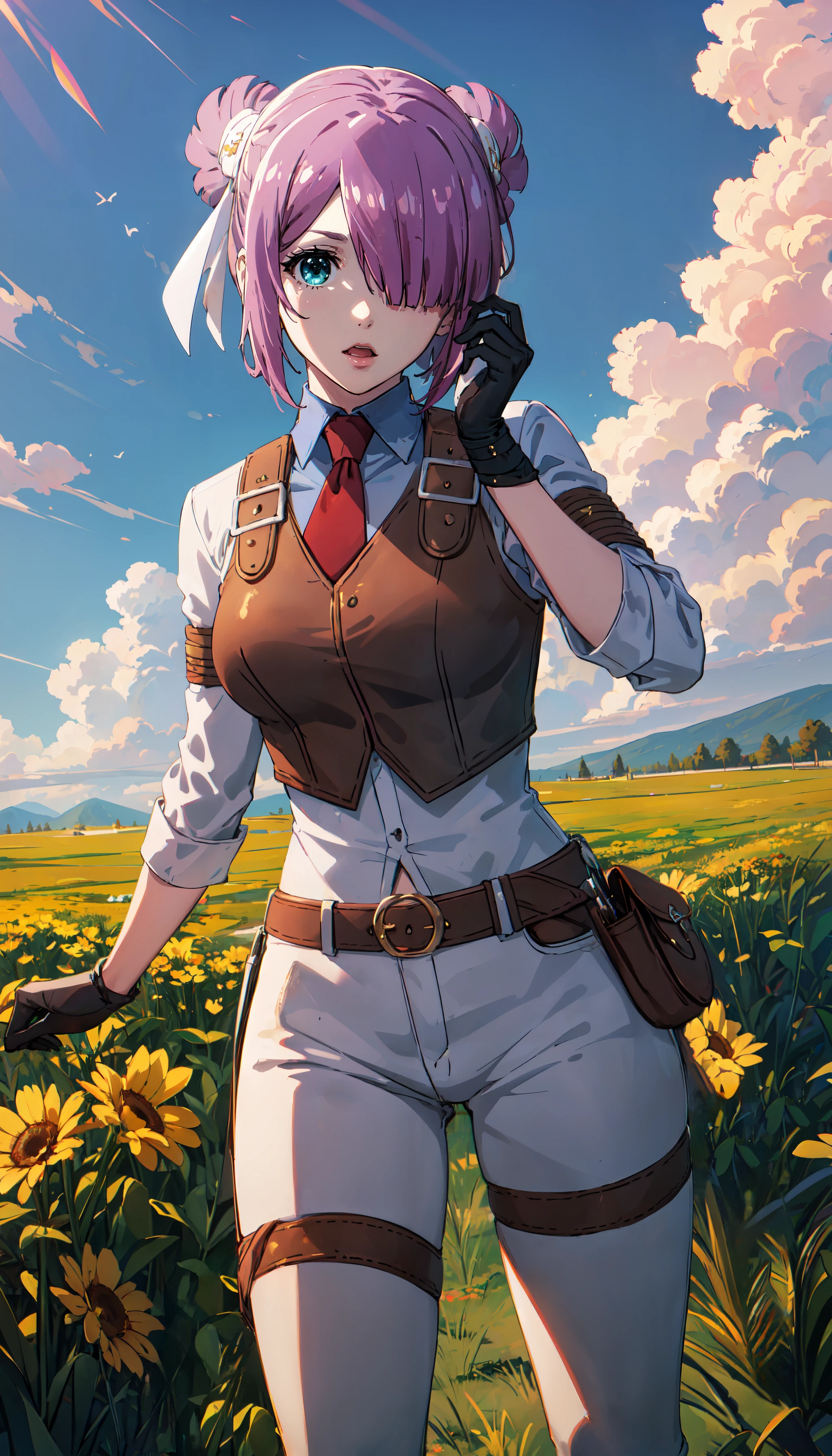 photorealistic, (4k), depth of field, (Masterpiece), (realistic skin texture), extremely detailed, intricate, hyper detailed, professional photography, bokeh, high resolution, sharp detail, best quality, girl, purple hair, hair covering one eye, aqua eyes, hair ribbons, tie, half vest, white outfit, white pants, armbands, black gloves, <lora:GoodHands-beta2:0.4>, <lora:detail_slider_v4:0.8> , dynamic pose, (hands on face), <lora:Laura Satii:0.8> , (outdoors), flower meadow, light rays, open field, blue sky, clouds,