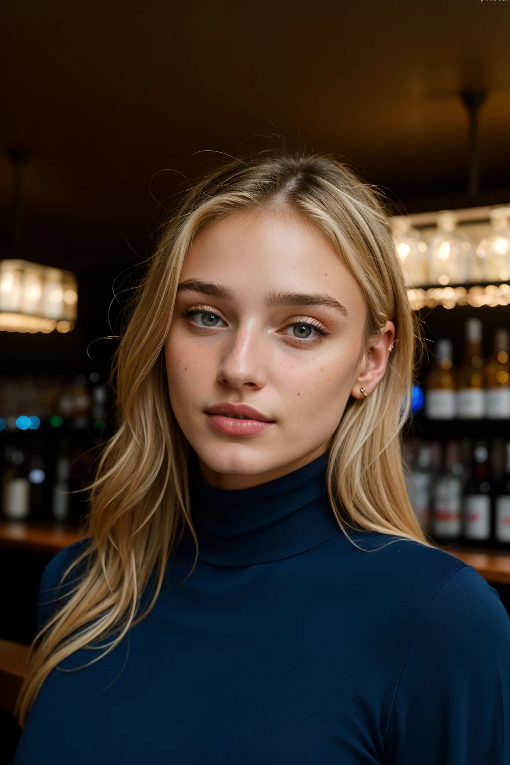 (1girl, 22 years old), <lora:ZH_ISHoneypuu_v1:1>, zh_ishoneypuu, solo, realistic, lips, looking at viewer, long hair, blonde hair, blue eyes, slight smile, turtleneck dress,