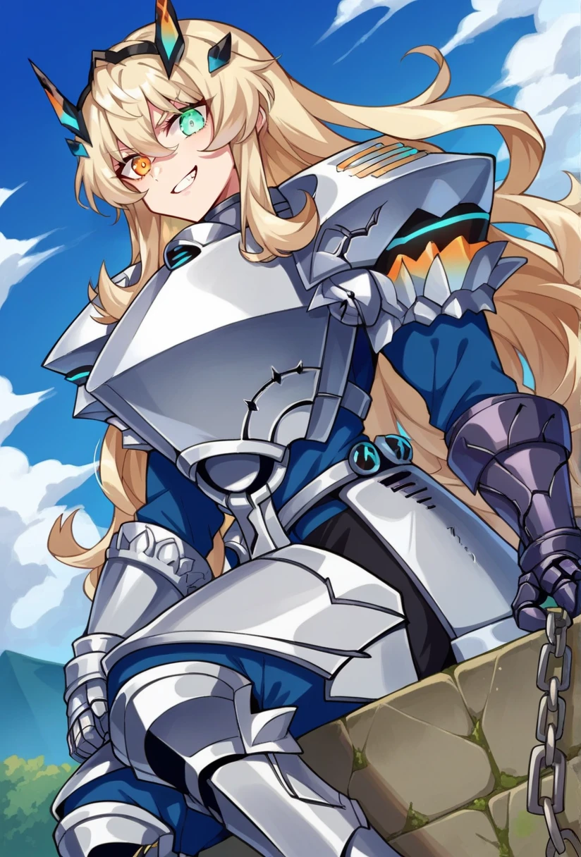 score_9, score_8_up, score_7_up, source_anime BREAK 1girl, solo, looking at viewer, cowboy shot, <lora:Barghest_Sdxl-11:1>, Barghest_Armored, platinum blonde hair, crossed bangs, very long hair, wavy hair, sidelocks, heterochromia, glowing eyes, full armor, glowing armor, armored dress, collar,shoulder armor, chain, pauldrons, gauntlets, breastplate, boobplate, gloves, armored boots, faulds, vambraces, muscular female, long sleeves, outdoors blue sky, medieval, evil grin, from side, sitting, arms support, elbow on knee, reclining, knees up, dutch angle, soles,