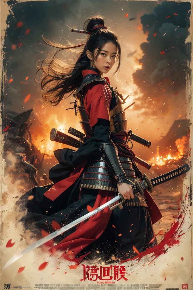 Akira Kurosawa's cinematic style poster,A 28-year-old girl,full body shoot,embodying the spirit of a Samurai from the Warring States Period in Japan. Brightly colored,with a backdrop of war,She wears traditional samurai armor adorned with intricate details,holding a katana with determination,The falling smoke of gunpowder,symbolizing the beauty amidst conflict,Detailed,historical,and with a touch of elegance,cinematic,detailed,style dominated by red,minimalist composition shimmer,edge ligh,
best quality,masterpiece,an extremely delicate and beautiful,CG,unity,8k wallpaper,Amazing,finely detail,masterpiece,official art,extremely detailed CG unity 8k wallpaper,incredibly absurdres,huge filesize,ultra-detailed,highres,extremely detailed,<lora:Samurai_20240302050726:0.8>,