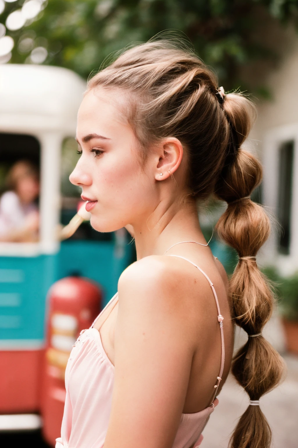 80s style portrait shot, a beautiful American girl with  long blonde bubble ponytail, bt80hast, side view, ideal face, ice cream truck in a fantasy land, 80s dress, string lights, pale skin, blush, detailed skin, innocent, natural lighting, film grain, retro,(bokeh:1.3), Porta 160 color, shot on ARRI ALEXA 65, sharp focus on subject, Fujifilm XT-3, <lora:picxer_real:0.8> <lora:bt80hast:0.7>