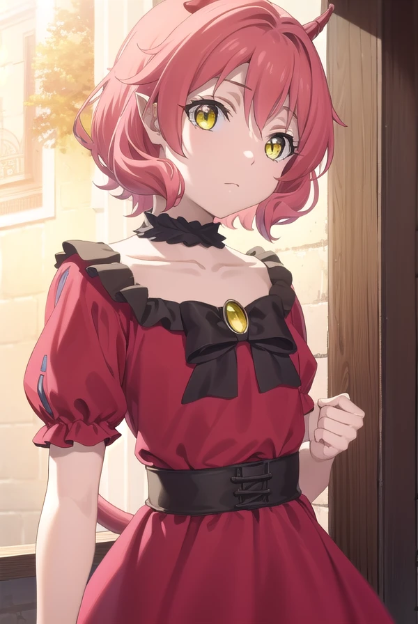 kemonohanako, <lora:kemono hanako s1-lora-nochekaiser:1>,
hanako, short hair, (yellow eyes:1.3), pink hair, horns,
BREAK dress, bow, tail, pantyhose, red dress, red footwear, bloomers, frills, collarbone, gemstone, juliet sleeves, puffy sleeves, choker,
BREAK outdoors, forest,
BREAK looking at viewer, (cowboy shot:1.5), dynamic pose,
BREAK <lyco:GoodHands-beta2:1>, (masterpiece:1.2), best quality, high resolution, unity 8k wallpaper, (illustration:0.8), (beautiful detailed eyes:1.6), extremely detailed face, perfect lighting, extremely detailed CG, (perfect hands, perfect anatomy),