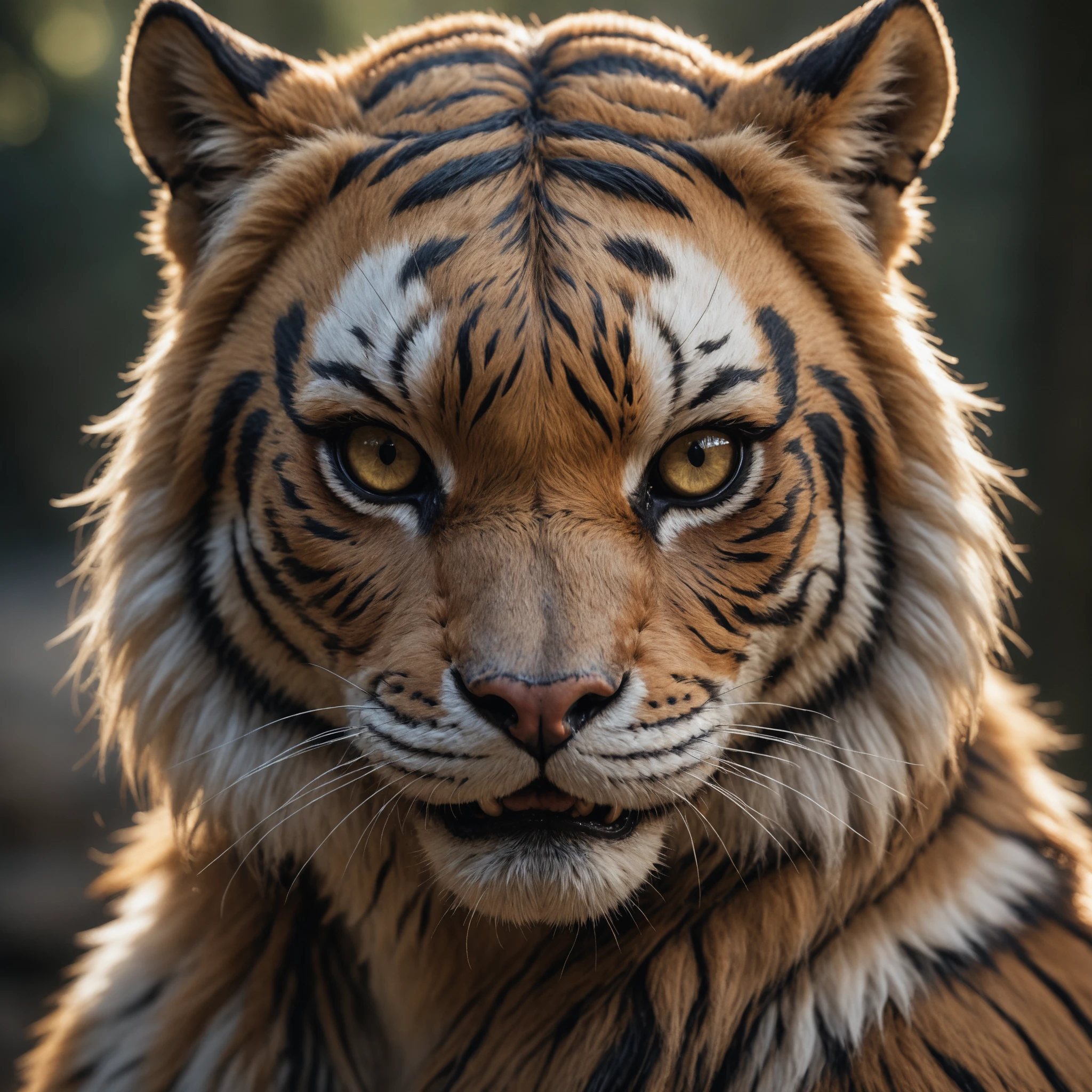 face portrait from an anthro female tiger, fangs, realistic fur,RAW candid cinema, 16mm, color graded portra 400 film, remarkable color, ultra realistic, textured skin, remarkable detailed pupil shot with cinematic camera, high quality photography, 3 point lighting, flash with softbox, 4k, Canon EOS R3, hdr, smooth, sharp focus, high resolution, award winning photo, 80mm, f2.8, bokeh