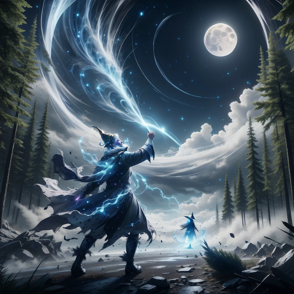 <lora:TempestMagic-21:0.8>,tempestmagic ,fantasy , excessive wind , debris,
wizard casting a spell, at the forest , beard, glowing eyes,glowing eyes, wizard hat, night summer sky, full moon,