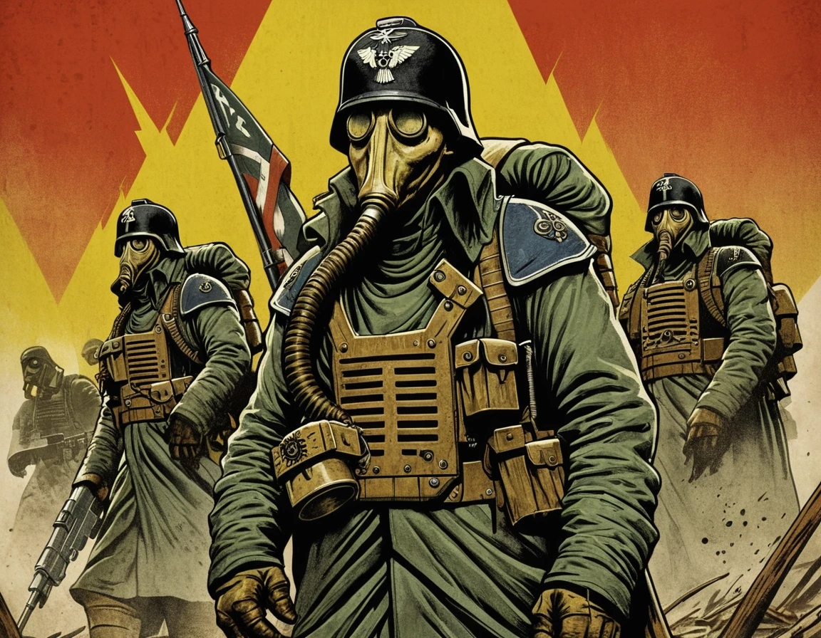 Highest Quality, WWII Propaganda poster \(style\), featuring a Death Korps of Krieg soldier, gas mask, bold colors, colored inked, thick lines,
illustration, Warhammer 40k, concept art, extremely detailed,
 <lora:Death-Korps-000007:1>