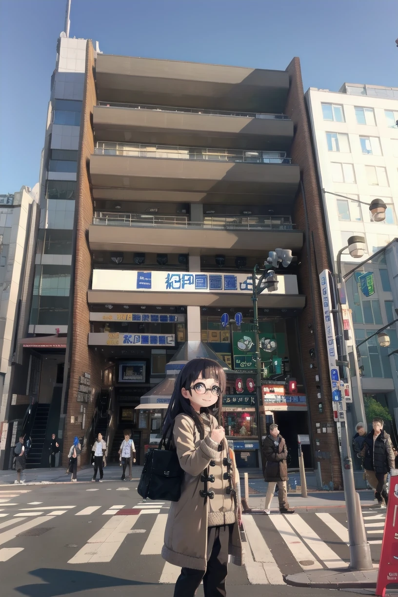 best quality, ultra high res,
1girl, solo, glasses, black hair, long hair, duffle coat, black bag, smile, looking at viewer, solo focus,
kinokuniya, storefront, real world location, scenery, sky, sign, day, city, building, street, road, blue sky, lamppost, traffic light, crosswalk, multiple boys, people, 6+boys, road sign, multiple girls, outdoors
 <lora:kinokuniya_shinjuku_SD15_V2:0.8>