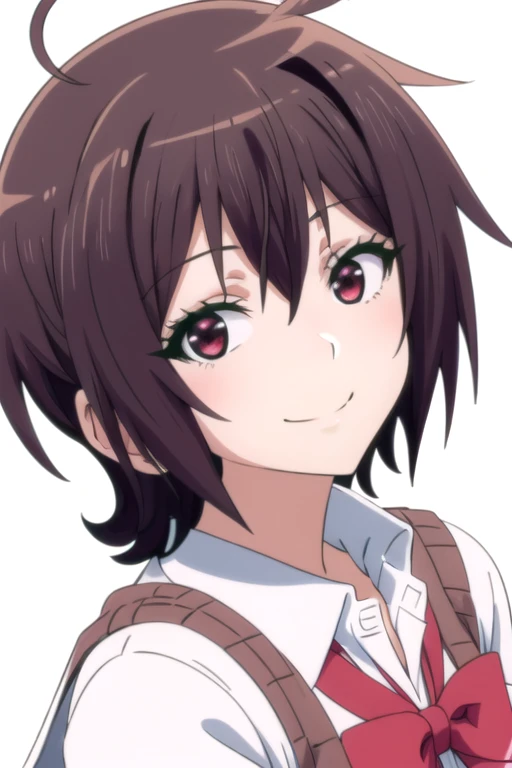 solo, 1girl, looking at viewer, 2D, anime, anime coloring, upper body, (solid white background:1.3), <lora:asuka-sounandesuka-01:0.8>, asuka suzumori, school uniform, smile