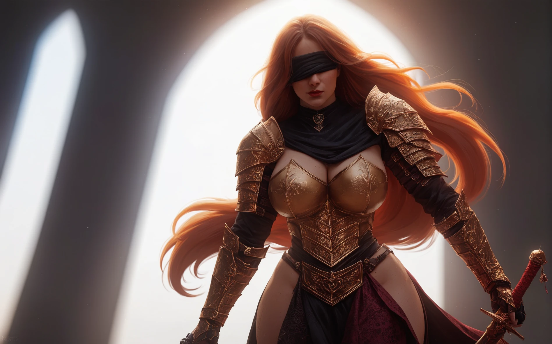 score_9,  01DA,  holding sword, gold,  high contrast, hard shadows,  cinematic lighting,  large breasts, [:gothic:0.4], hair covering eyes, long hair, wide hips, 
woman, armor, 
 <lora:detailarmor:0@0,0.5@0.25,1@0.5,0.5@0.75>