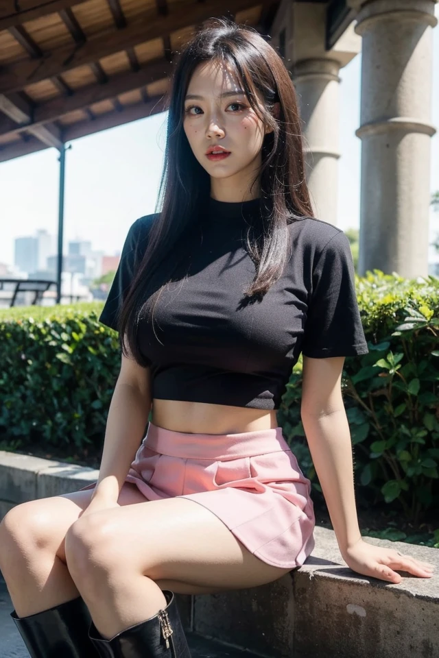 photorealistic, 8K, ultra realistic details, sharp focus, detailed skin, (outdoor,typically cozy with soft lighting, comfortable seating), (mini skirt, crop top, block heels, statement necklace), extremely detailed face and eyes, ponytail, (big breasts)