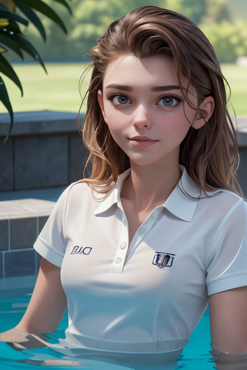 portrait of S337_MaryKalisy,a beautiful woman,in a (pool:1.1),wearing a (polo-shirt:1.1),(wet-hair),(4k, RAW photo, best quality, depth of field, ultra high res:1.1),(absurdres, intricate, photorealistic, masterpiece, ultra-detailed:1.1),