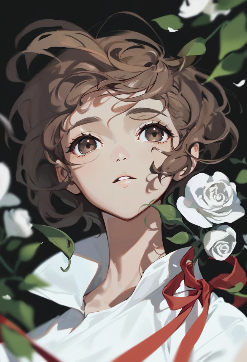 score_9, score_8_up, score_7_up, score_6_up, <lora:DPOXL:1> <lora:yoneyamaiXL_JS2_lokr_V12:1> 1girl, solo, flower, white flower, brown hair, short hair, black background, parted lips, leaf, floating hair, shirt, looking at viewer, portrait, holding, rose, white shirt, plant, brown eyes, red ribbon