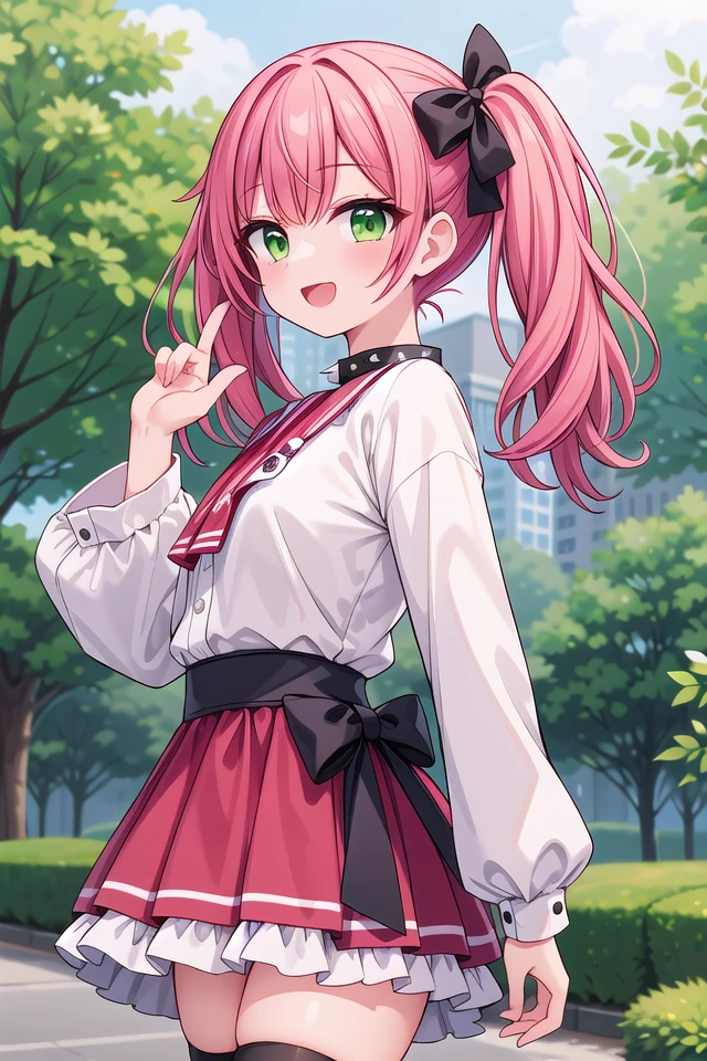 insanely detailed, absurdres, ultra-highres, ultra-detailed, best quality,
1girl, solo, nice hands, perfect hands
BREAK
jirai kei,thighhighs, skirt, twintails, pink skirt, collar, bow, black thighhighs, black bow, long hair, pink bow, hair bow, spiked collar
, (cleavage:-1.5)
BREAK
happy smile, laugh, open mouth
BREAK
from side,
standing, cowboy shot, looking at viewer
BREAK
slender, kawaii, perfect symmetrical face, ultra cute girl, ultra cute face, ultra detailed eyes, ultra detailed hair, ultra cute, ultra beautiful
BREAK
in forest, depth of field, ultra detailed background
BREAK
large breasts
BREAK
(red hair, green eyes), medium hair, hime cut