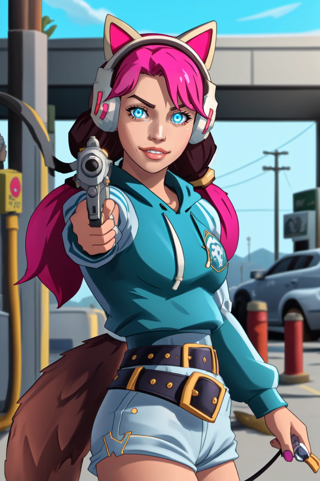 MaeveStreet, 1girl, solo, long hair, animal ear headphones, long sleeves, striped sleeves, (facing viewer, looking at viewer), blue eyes, tail, pink hair, (upper body, close up, facial focus), shorts, shoes, twintails, belt, socks, hood, lips, black undershirt, fake animal ears, hoodie, headphones, sneakers, glowing eyes, two-tone hair, grey shorts, short shorts,((aiming at viewer, handgun, holding pistol, Glock, desert eagle)),
(gas station, gas station interior), <lora:MaeveStreet:0.8>, <lora:LoraGoth:1>