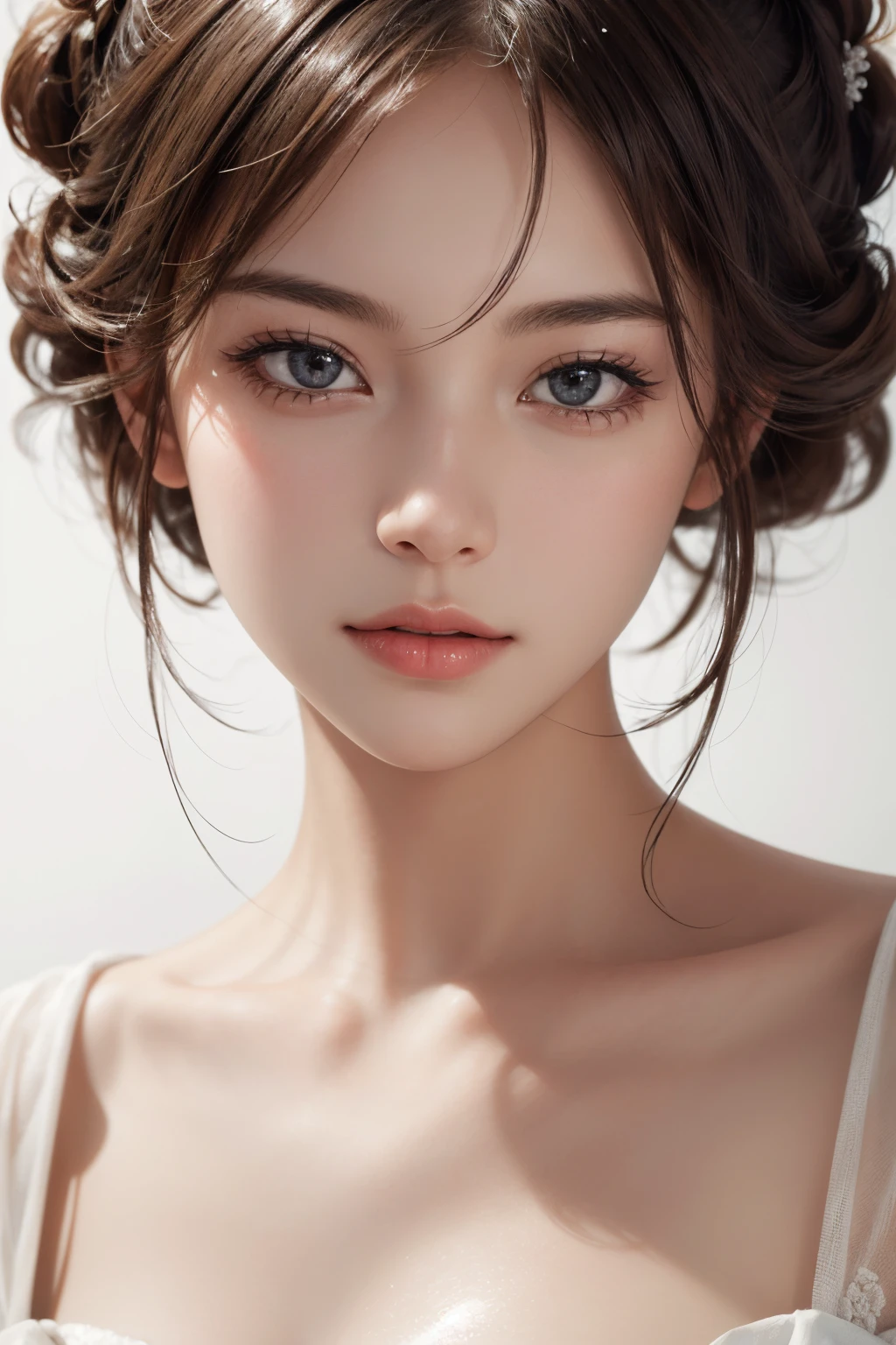 (1young girl), extremely cute, ((extremely detailed beautiful face)), Amazing face and eyes, shining eyes, Pink eyes, (Glossy lips)), fair and transparent skin, bare shoulders, (Best Quality:1.4), (Ultra-detailed), Professional Photography, Realistic portrait, (((Bokeh))), depth of fields,