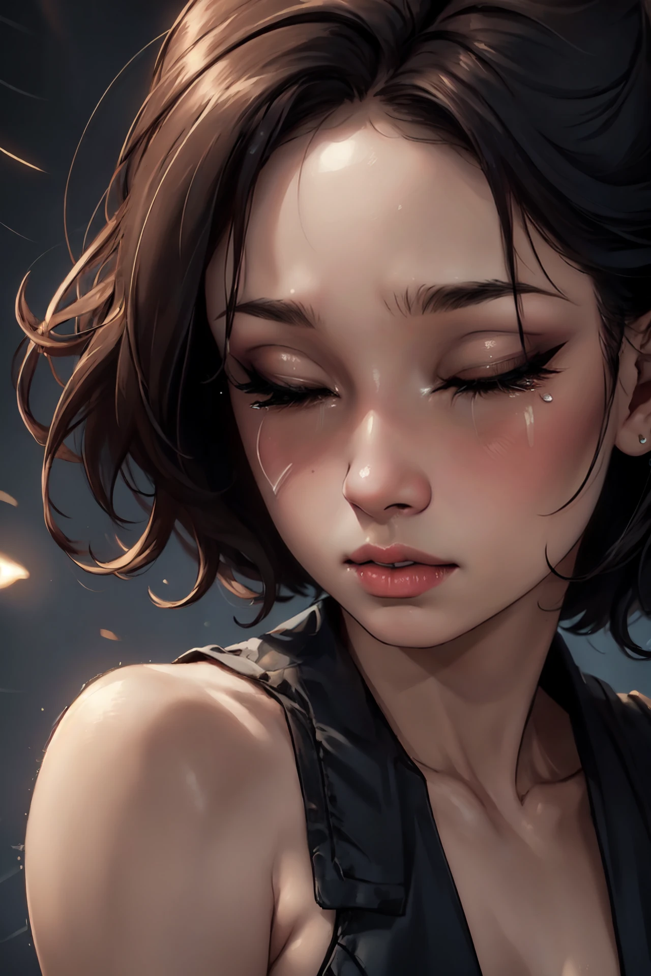 ((8k, best quality, masterpiece, Rule of thirds)), ((light play, shadow play)), ((dynamic pose)), ((anime photography)), ((cartoon art, vivid colors, anime background)), close-up portrait of a defeated woman, facial scars, eyes closed, tears, wispy hair, bangs, ((shiny, reflective, glow)),