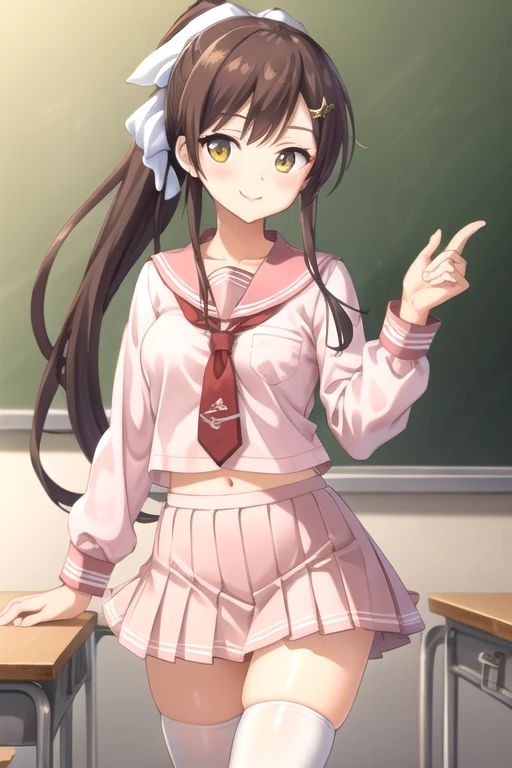 ((masterpiece)),(best quality),official art,extremely detailed CG,unity 8k wallpaper,ultra detailed,beautiful detailed eyes,extremely detailed face,classroom,1girl,solo,cowboy shot,looking at viewer,facing viewer,smile,Yamabuki Aoi,long hair,brown hair,high ponytail,hair ribbon,white ribbon,hair ornament,hairclip,sidelocks,bangs,yellow eyes,pink serafuku,pink sailor collar,red necktie,long sleeves,red wrist cuffs,medium breasts,miniskirt,pink skirt,pleated skirt,white thighhighs,sneakers,<lora:Yamabuki Aoi(trlu):0.6>,