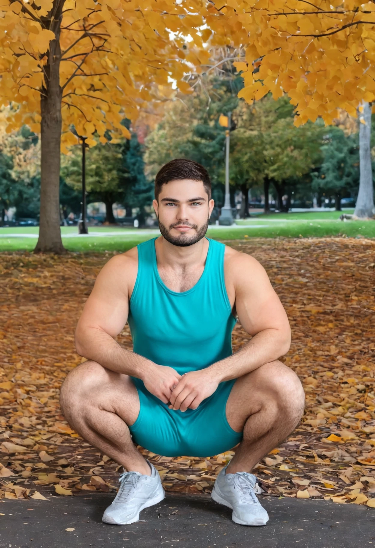 photo of beard sc_tanner wearing a fitted teal tank top and khakis, <lora:sc_tanner_xl-16:1>, autumn, squatting in a city park, relaxed welcoming expression