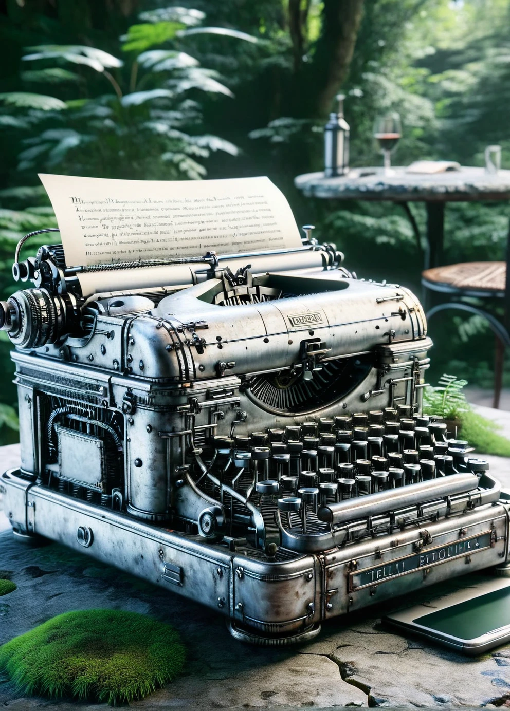 ais-wldd antique typewriter on a moss-covered stone table <lora:ais-wldd-sdxl:1>