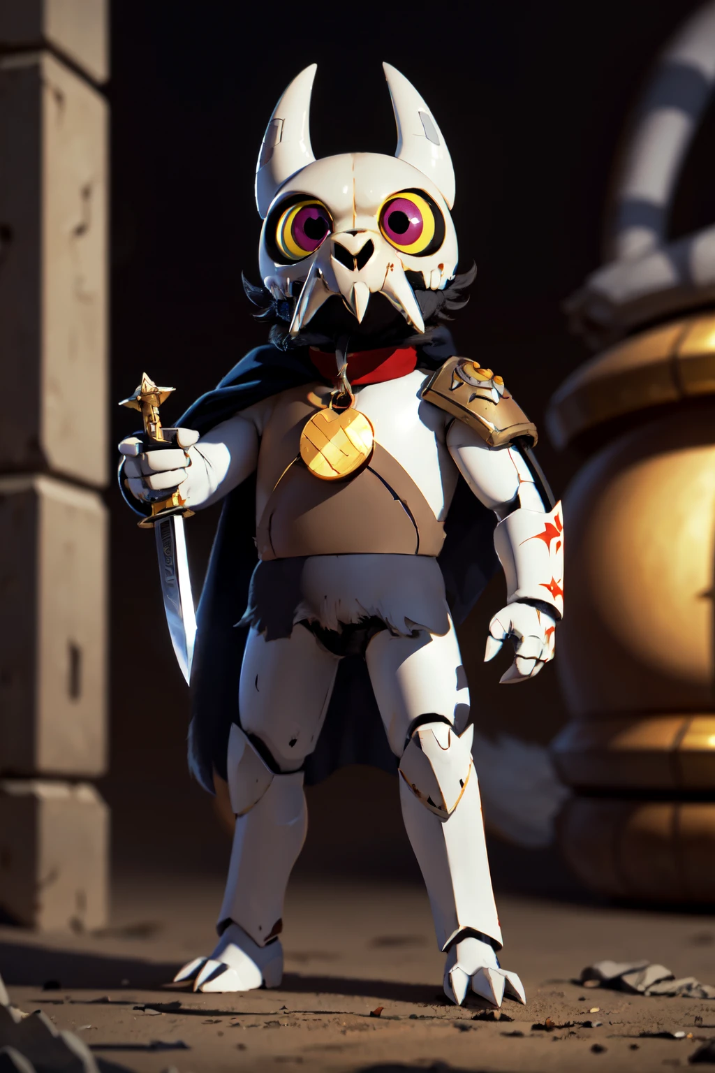 beautiful eyes, high detail skin, high detail eyes, high detail hair, highres, ultra detailed, sharpen picture, Highly detailed, masterpiece, best quality, photorealistic,  
 <lora:ClawthorneLoRA:0.8>1boy, skull helmet, teeth, pokemon (creature), colored sclera, red collar with circle pet tag, claws, tail,  standing on a street,   <lora:Warhammer_40K_-_Space_Marines_-_White_Scars:0.2> warhammer 40k, white scars, space marines, white power armor, full body, solo, white scars emblem, bald, long hair, sword, scar, helmet, holding sword, mustache, chin beard, standing, simple background, curved sword, topknot, cape, loincloth, action, damaged, upper body