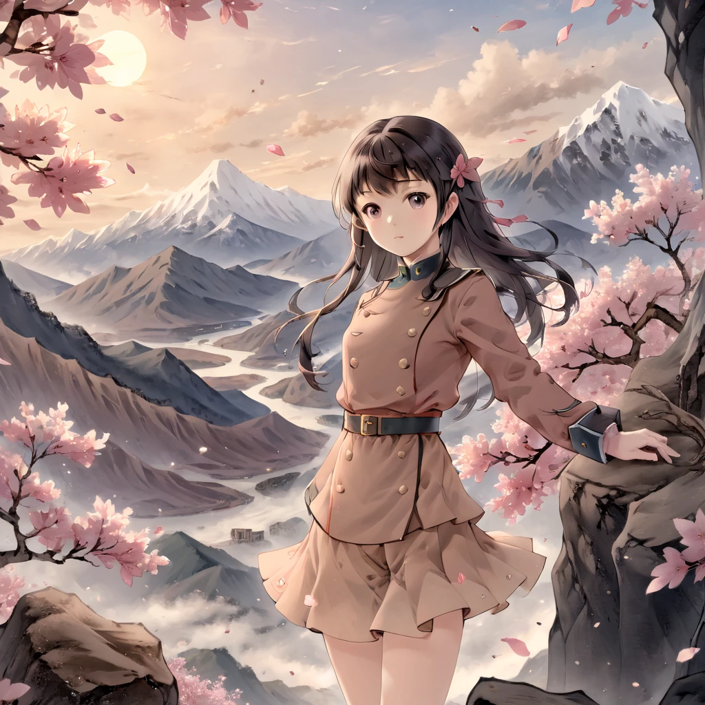 1girl , masterpiece, best quality, highres, 4k, 8k, intricate detail, cinematic lighting, amazing quality, amazing shading, soft lighting, anime style,black hair,wallpaper, (brown tatenokai567:1.3),sakura petals,mountains,upper body, military, watercolor,short skirt,<lora:ShieldLoraXL-000009:1.1>