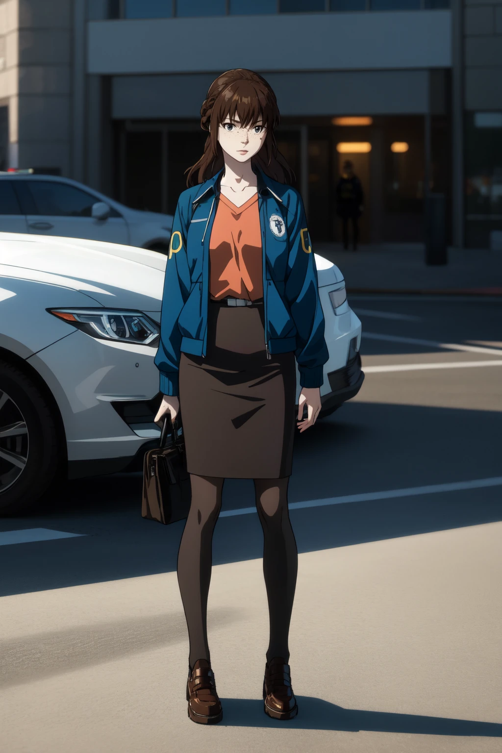 masterpiece, best quality, absurdres, 1girl, Mika <lora:Shimotsuki_Mika:0.7>, (brown eyes:1.2), brown hair, freckles, long hair, Braid,, Inspector Uniform, jacket, blue jacket, shirt, police uniform,  pencil skirt, pantyhose,
BREAK nice hands, perfect hands <lora:GoodHands-beta2:0.8>, beaufitul hand, beautiful finger, outdoors, (perfect anatomy),  [Cinematic lighting|Volumetric Lighting], portrait, full body