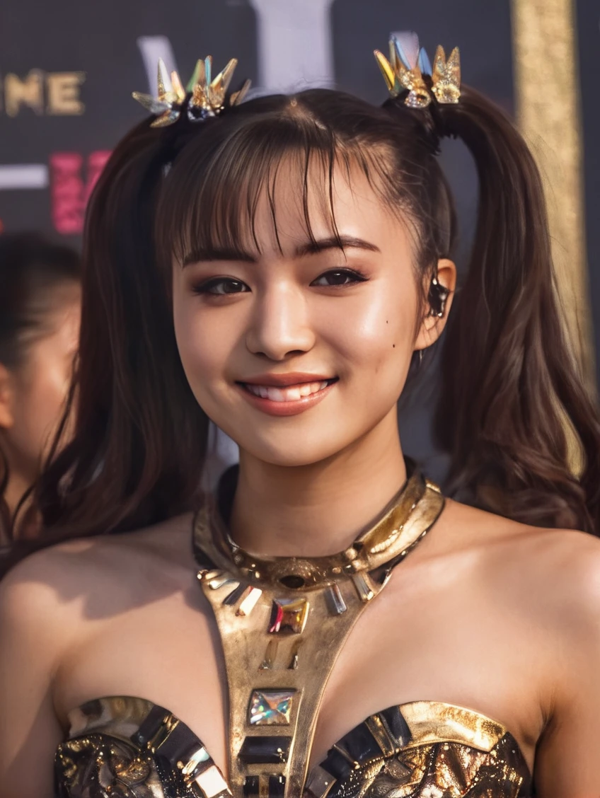 a beautiful picture of moakXL, detailed skin texture,masterpiece, photorealistic, woman, 4k, backlighting, light, RAW color photo,(fully in frame:1.1), (blush:0.5), (goosebumps:0.5),pigtails, <lora:moakXL:1> wearing a (golden strapless dress:1.3),red carpet,subtle smile,idol