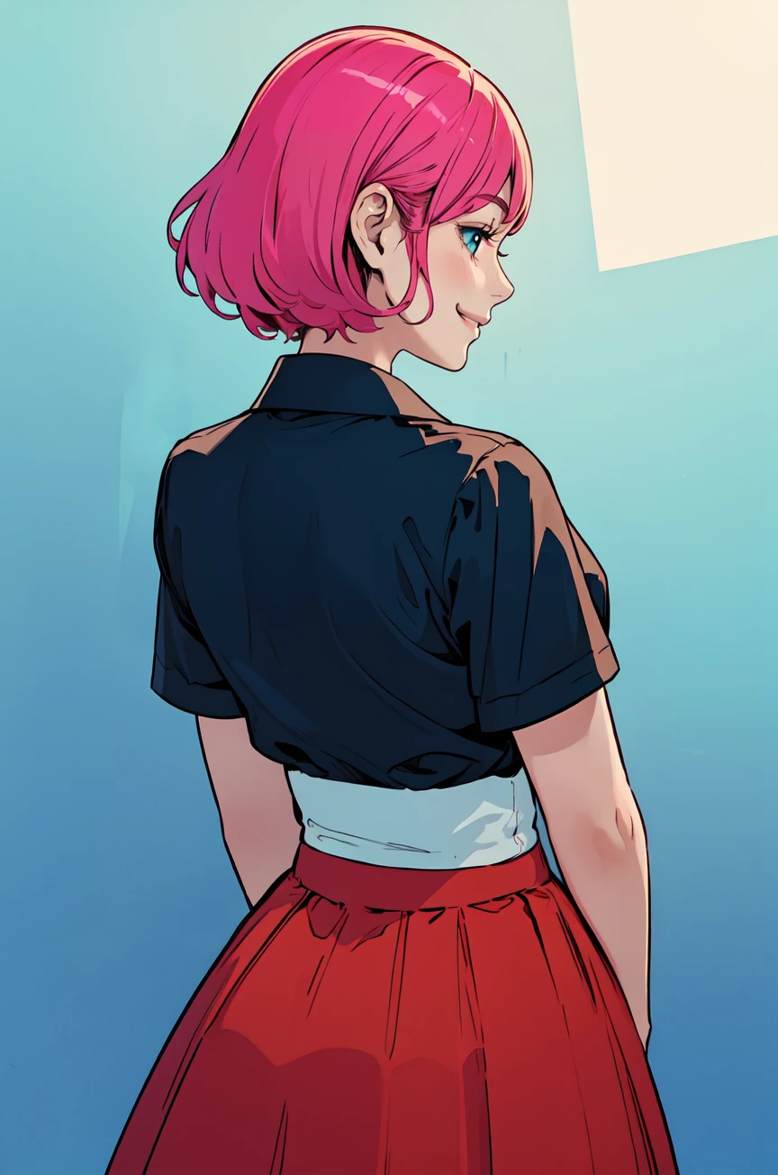 masterpiece, best quality,1girl,smile,dungeon,collared_shirt and flared_skirt as material3,upper body,flat color, ff gradient,back view