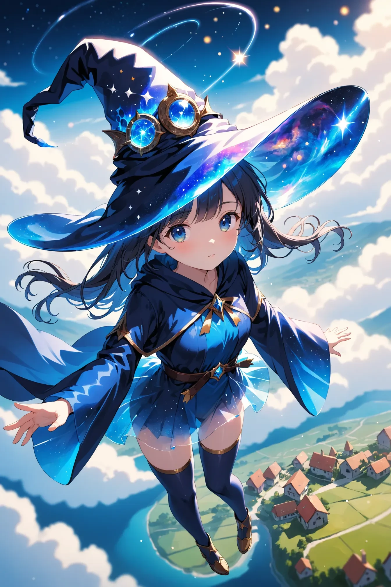 1girl, solo, wizard hat, robe made of galaxy, transparent, translucent, thighhighs, close-up, face focus, from above, flying, floating, blue sky, clouds, horizon, scenery, fantasy, village, bokeh, depth of field, masterpiece, best quality