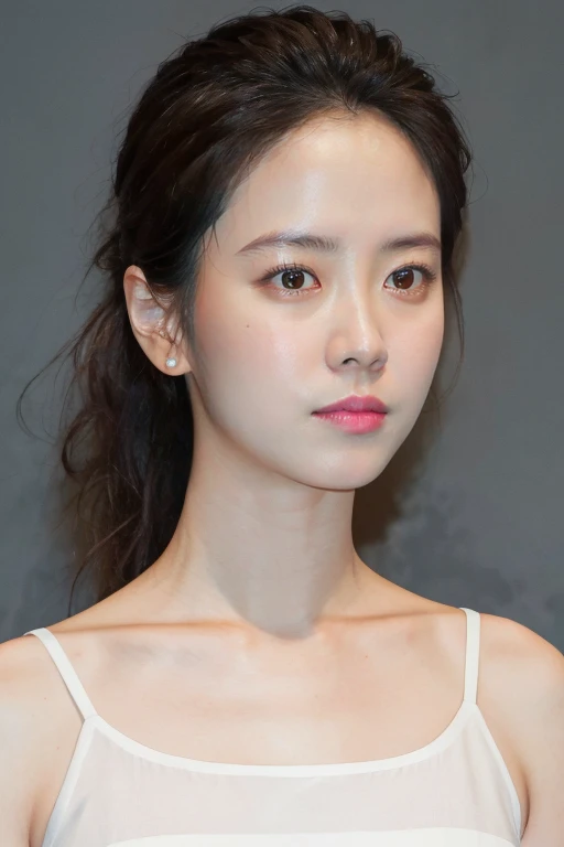 masterpiece, best quality, ultra-detailed, ultra high res, (photorealistic:1.4), raw photo, (realistic:0.2), 8k HDR, realistic lighting, 1girl, solo, looking at viewer, asymmetrical hair, (detailed oily skin), (detailed face), (simple gray background :1.1), (full body:1.2), closed mouth, simple white dress, sleeveless,