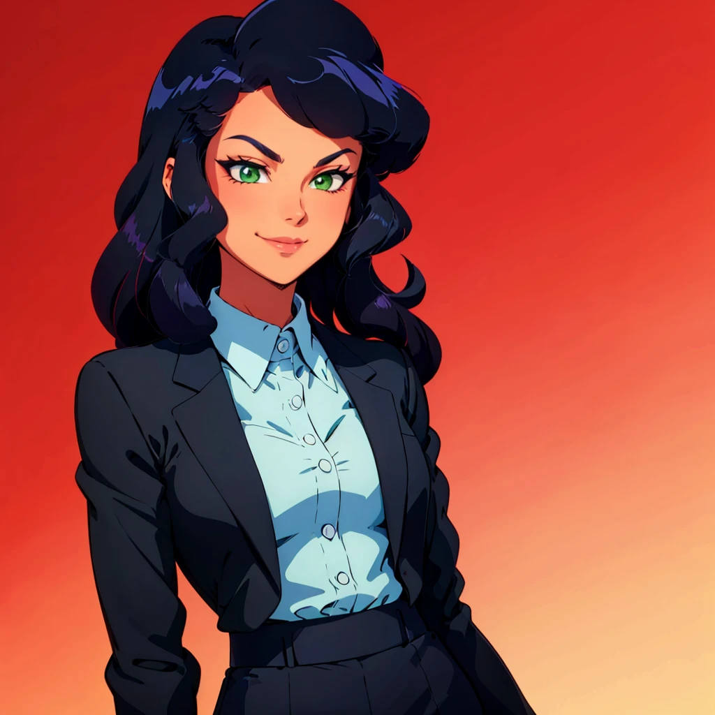 1girl, solo,  Caitlin, long hair, black hair, green eyes, caramel skin, makeup, lipstick, retro artstyle, smile, smirk,   <lora:Caitlin_TotallySpies_Leaf1-3:0.6>, cowboy shot, formal, black suit, red nectie, gradient background, arms behind back,