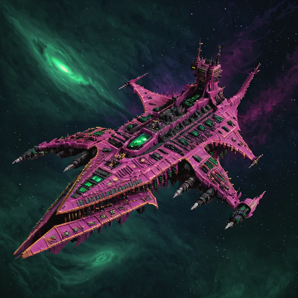 a pink twisted demonic chaoswarfleet battleship in space, motion blur, explosions, maelstrom, nebula, asteroids, green lighting, eerie glow, horror theme, warped,