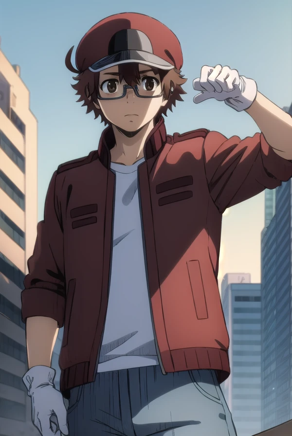 redbloodcellAA2153, <lora:red blood cell AA2153 s1-lora-nochekaiser:1>,
red blood cell AA2153, brown hair, (brown eyes:1.5), male focus, glasses, ahoge,
BREAK shirt, gloves, hat, jacket, pants, white gloves, red headwear, red jacket,
BREAK outdoors,
BREAK looking at viewer, (cowboy shot:1.5), dynamic pose,
BREAK <lyco:GoodHands-beta2:1>, (masterpiece:1.2), best quality, high resolution, unity 8k wallpaper, (illustration:0.8), (beautiful detailed eyes:1.6), extremely detailed face, perfect lighting, extremely detailed CG, (perfect hands, perfect anatomy),