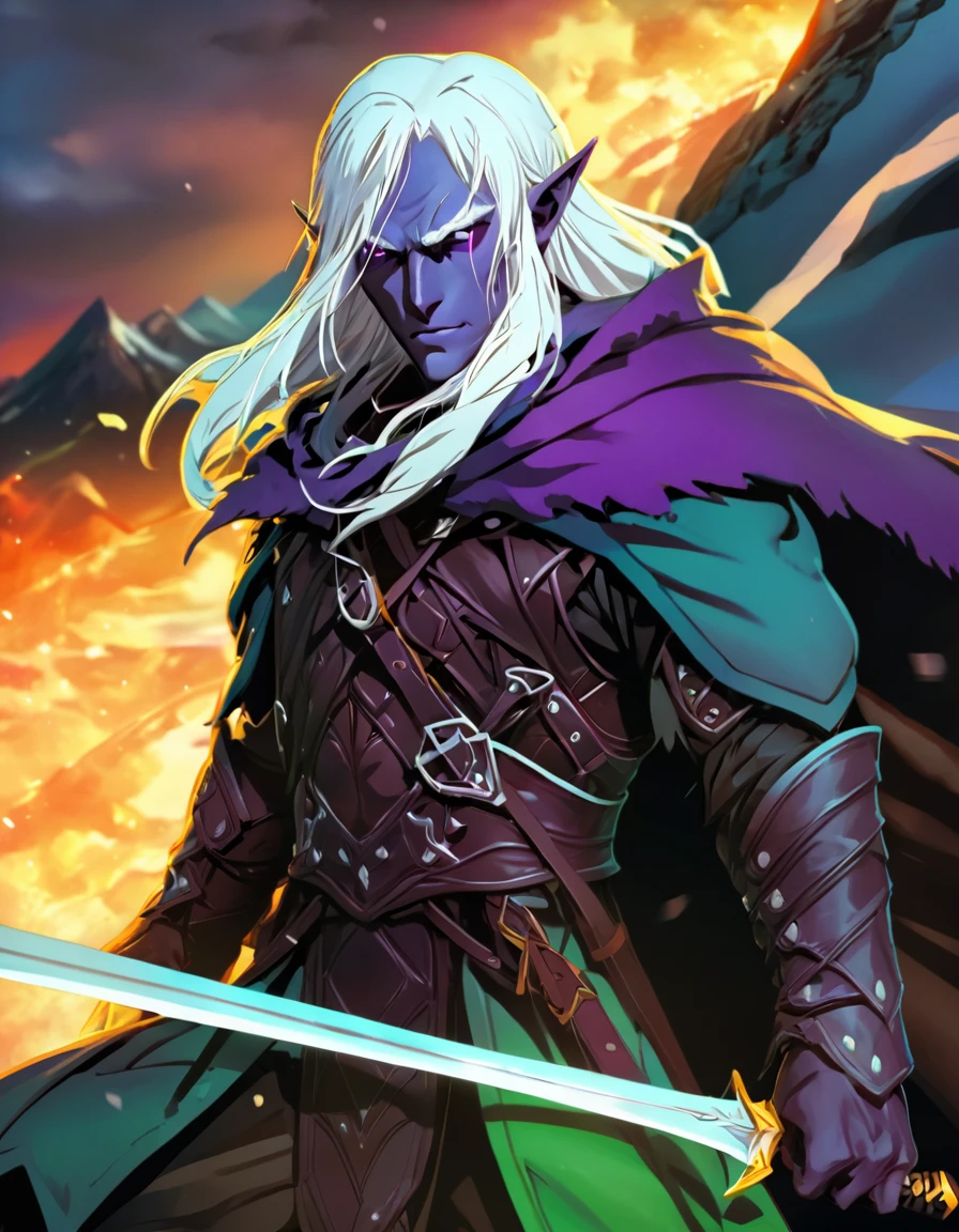 (anime stile drawing of drizzt_dnd), watching viewer, action shot, very vivid lighting, detailed, (vibrant, photo realistic, realistic, dramatic, sharp focus)