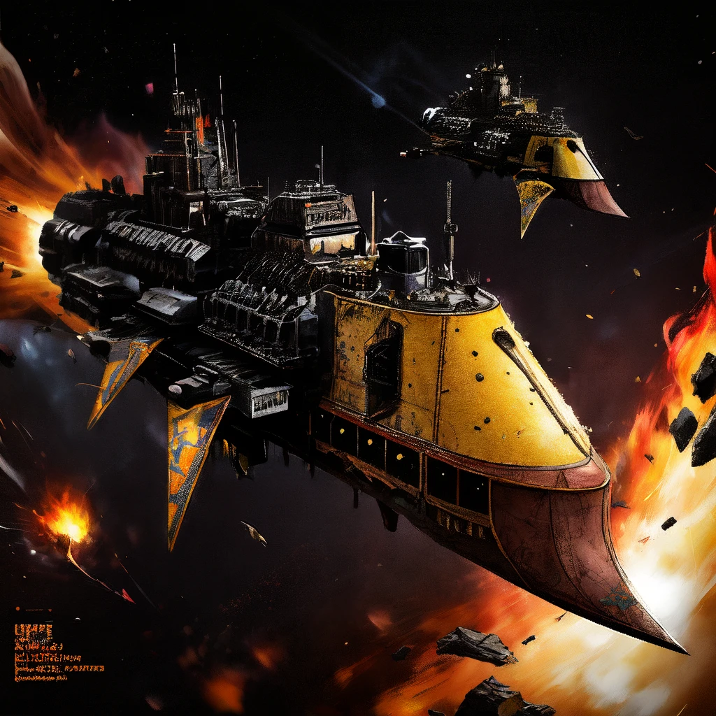 impstarship, cruiser, in_space, (yellow, red), nebula, asteroids, battle, exposions, fire, motion_blur, pulp_comic, heavy_lines, hand_drawn, hand_inked, hand_colored,
