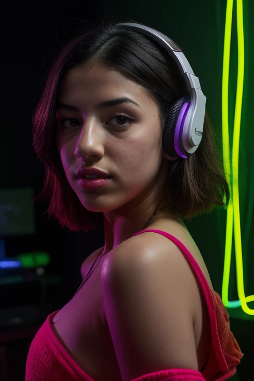 DEN_violetrose_OF,
sitting at a computer wearing headphones and playing games (holding a controller:1.2) wearing a hoodie in a (neon lit room:1.3), (gamer:1.2), gaming, gamer girl, games, (purple lighting, neon:1.2),
bokeh, f1.4, 40mm, photorealistic, raw, 8k, textured skin, skin pores, intricate details  <lora:epi_noiseoffset2:1>, epiCRealism