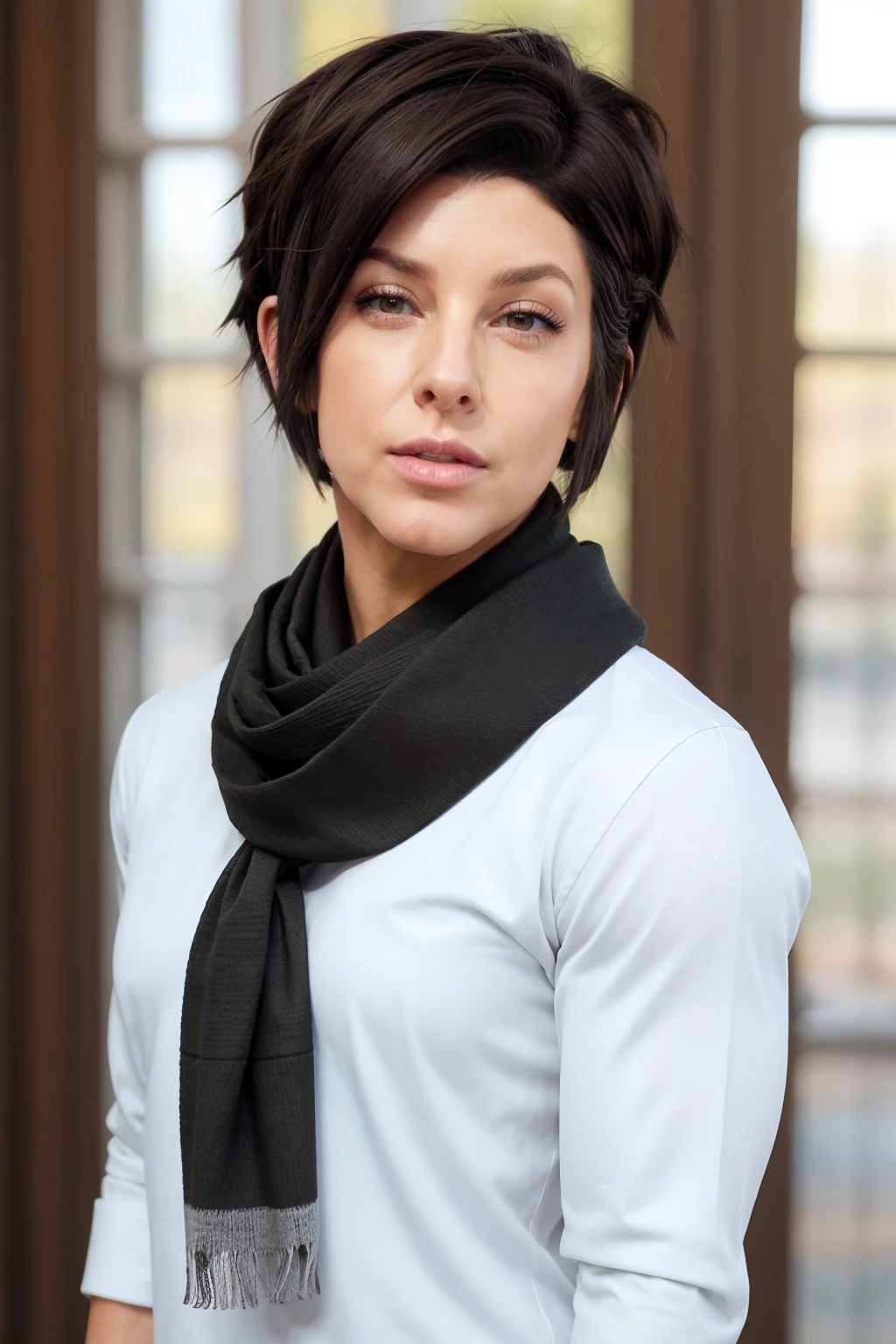 danalinnbailey, woman, face, portrait, highly detailed, realistic, short hair, black hair, scarf, makeup, tanned, shirt, muscular,
 <lora:DanaLinnBaileySD:1>