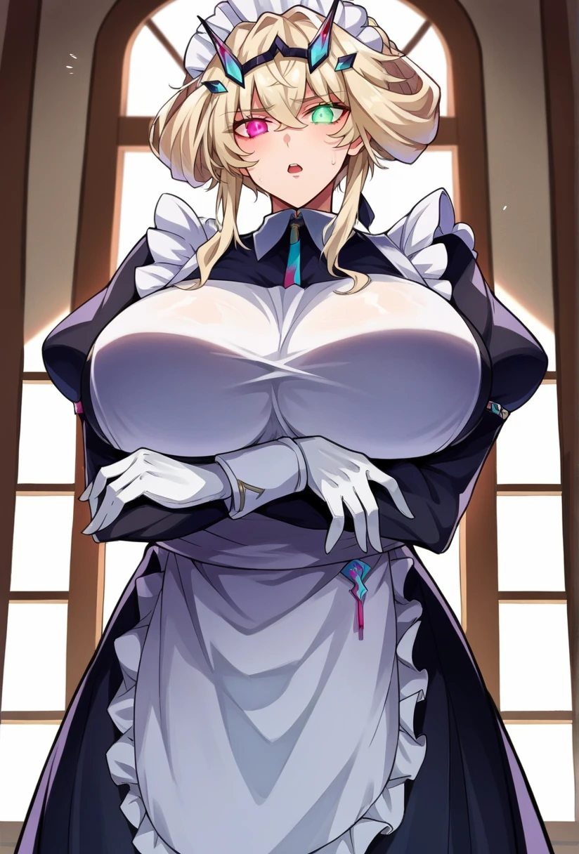 score_9, score_8_up, score_7_up, source_anime BREAK 1girl, solo, looking at viewer, cowboy shot, <lora:Barghest_Sdxl-11:1>, Barghest_Maid, platinum blonde hair, twin braids, short hair, sidelocks, hair up, hair bun, heterochromia, glowing eyes, maid headdress, frilled dress, pleated dress, juliet sleeves, maid apron, collar, black skirt, long skirt, white gloves, huge breasts, curvy, indoors, vila, marble floor, glass table, day, window, open mouth, crossed arms, leaning back, sweat, from below,
