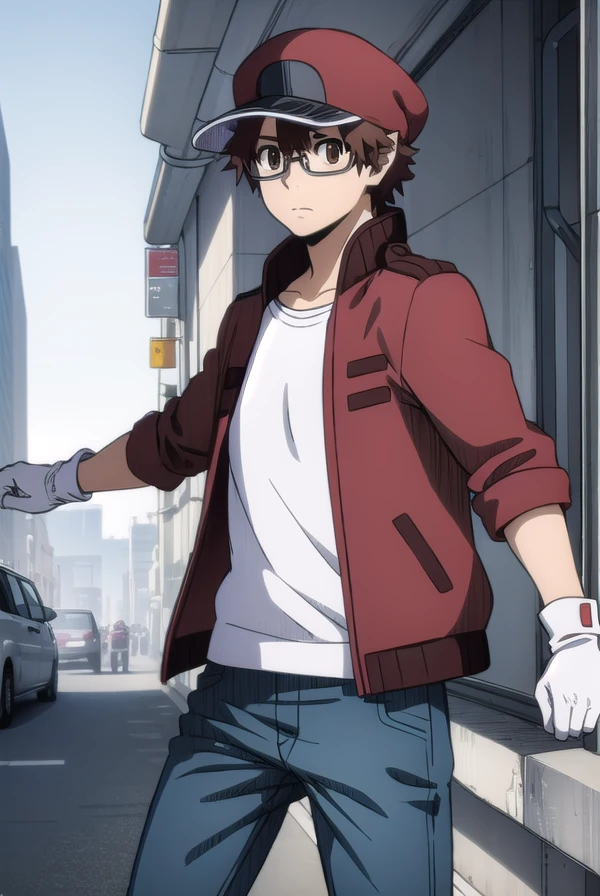 redbloodcellAA2153, <lora:red blood cell AA2153 s1-lora-nochekaiser:1>,
red blood cell AA2153, brown hair, (brown eyes:1.5), male focus, glasses, ahoge,
BREAK shirt, gloves, hat, jacket, pants, white gloves, red headwear, red jacket,
BREAK outdoors,
BREAK looking at viewer, (cowboy shot:1.5), dynamic pose,
BREAK <lyco:GoodHands-beta2:1>, (masterpiece:1.2), best quality, high resolution, unity 8k wallpaper, (illustration:0.8), (beautiful detailed eyes:1.6), extremely detailed face, perfect lighting, extremely detailed CG, (perfect hands, perfect anatomy),