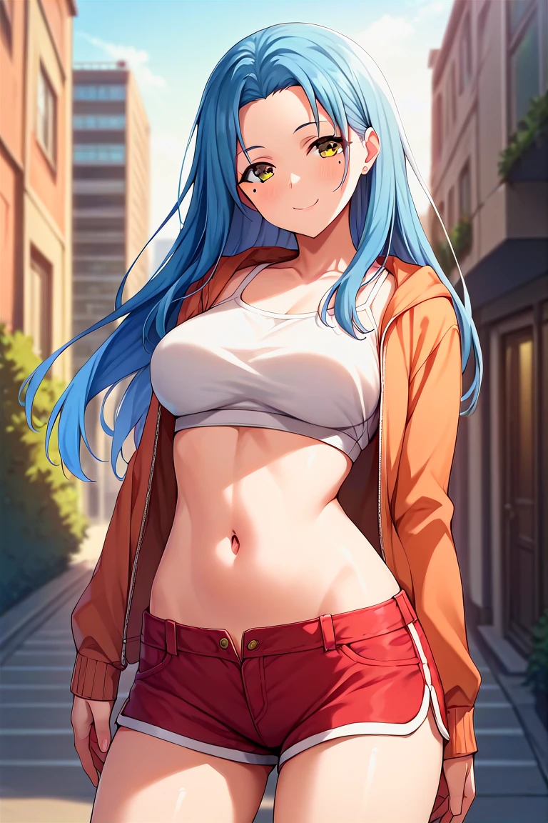score_9, score_8_up, score_7_up, score_6_up, score_5_up, score_4_up, rating_questionable, , source_anime, digital illustration, pixiv, fanbox, uncensored, , BREAK, official art,
1girl, solo, female, haruka hasebe, blue hair, long hair, brown eyes, mole under eye, ,
croptop, navel, groin, shorts, thighs, outdoors, cityscape, light smile, blush, looking at viewer, cowboy shot, colorful, vivid <lora:Haruka_Hasebe_Pony-000009:0.8>