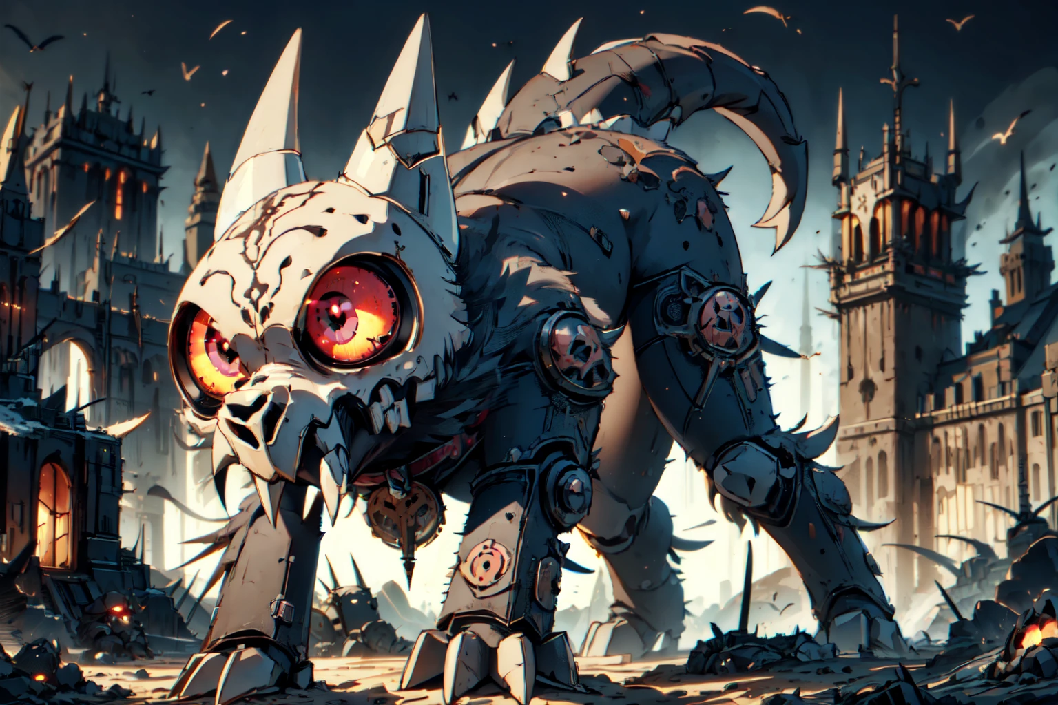 beautiful eyes, high detail skin, high detail eyes, high detail hair, highres, ultra detailed, sharpen picture, Highly detailed, masterpiece, best quality, photorealistic,  
 <lora:ClawthorneLoRA:0.8>1boy, skull helmet, teeth, pokemon (creature), colored sclera, red collar with circle pet tag, claws, tail,  on all fours, on a battlefield,   <lora:ChaosMarineStyleAISD15:1> chaosmarinestyleai, background, machine, heavy, battle, landscape