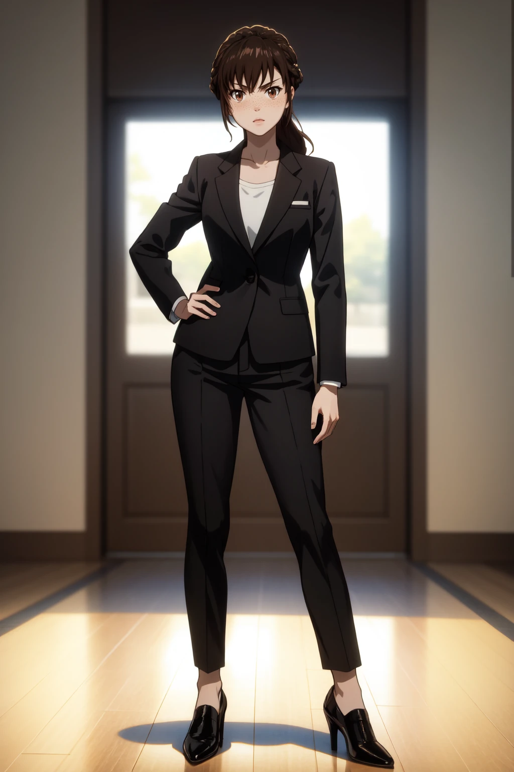 masterpiece, best quality, absurdres, 1girl, Mika <lora:Shimotsuki_Mika:0.7>, (brown eyes:1.2), brown hair, freckles, long hair, Braid,, Chief Inspector, shirt, black jacket, Pants, formal, suit, heels,
BREAK nice hands, perfect hands <lora:GoodHands-beta2:0.8>, beaufitul hand, beautiful finger, indoors, (perfect anatomy),  [Cinematic lighting|Volumetric Lighting], portrait, full body