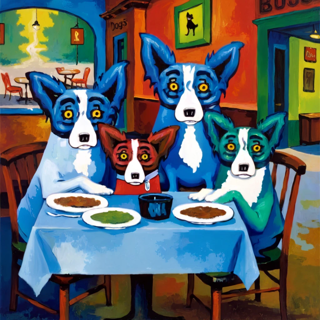 bledg 3 dogs at a table in a restaurant, blue, red and green, oil paintings <lora:bledg:1>